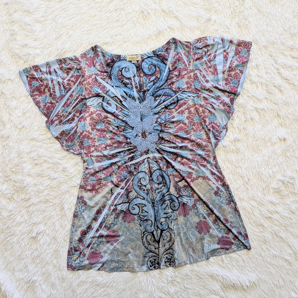 Y2K Oneworld Blue Pink Butterfly Embroidery Flutter Sleeve Fairycore Top Medium